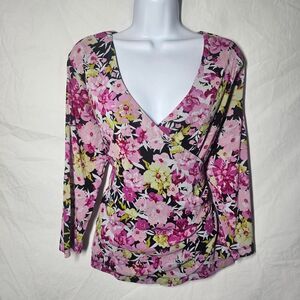 Vintage y2k pink floral micro mesh 3/4sleeve coquette whimsygoth top
